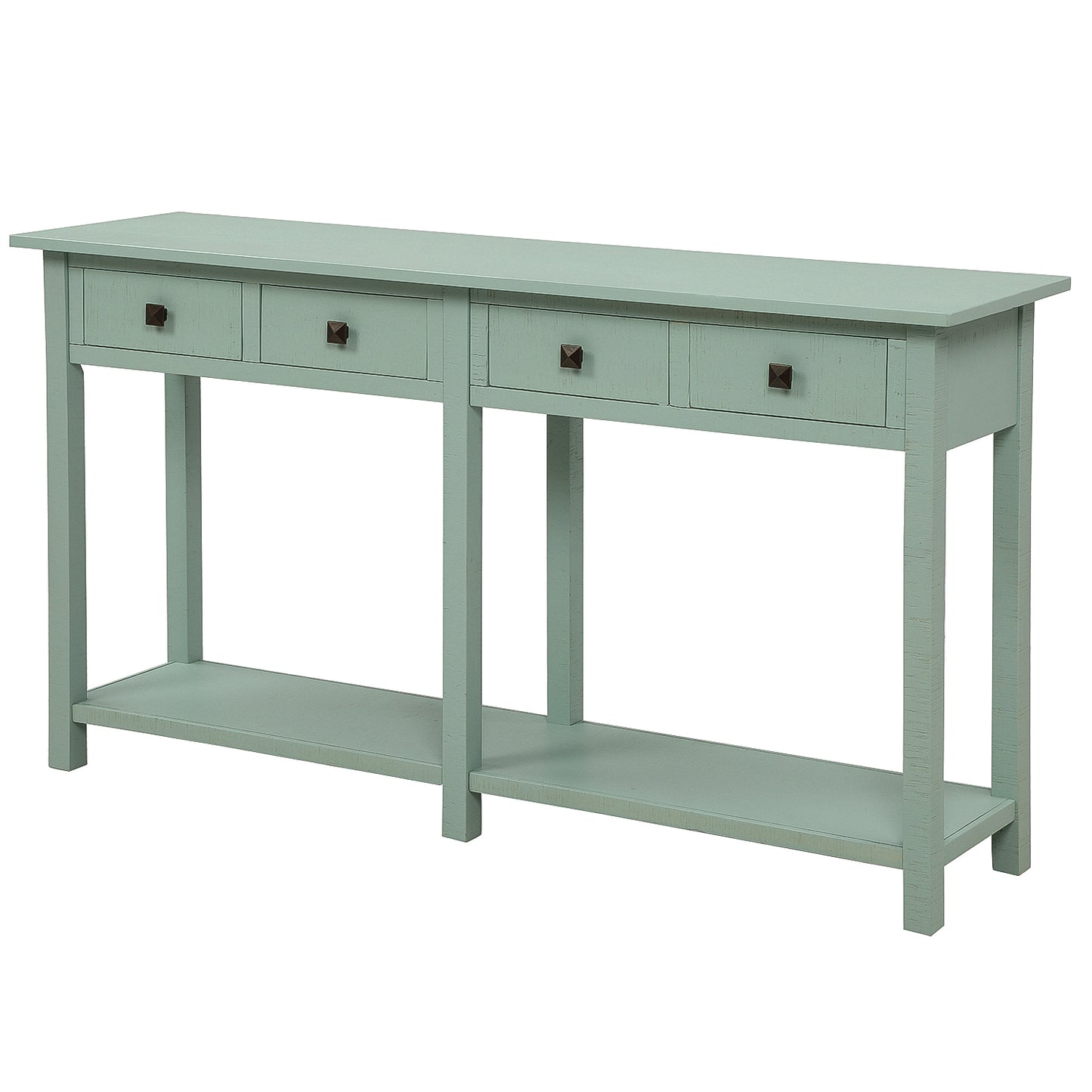 Rustic Brushed Texture Entryway Table Console Table with Drawers and Bottom Shelf for Living Room (Tiffany Blue)