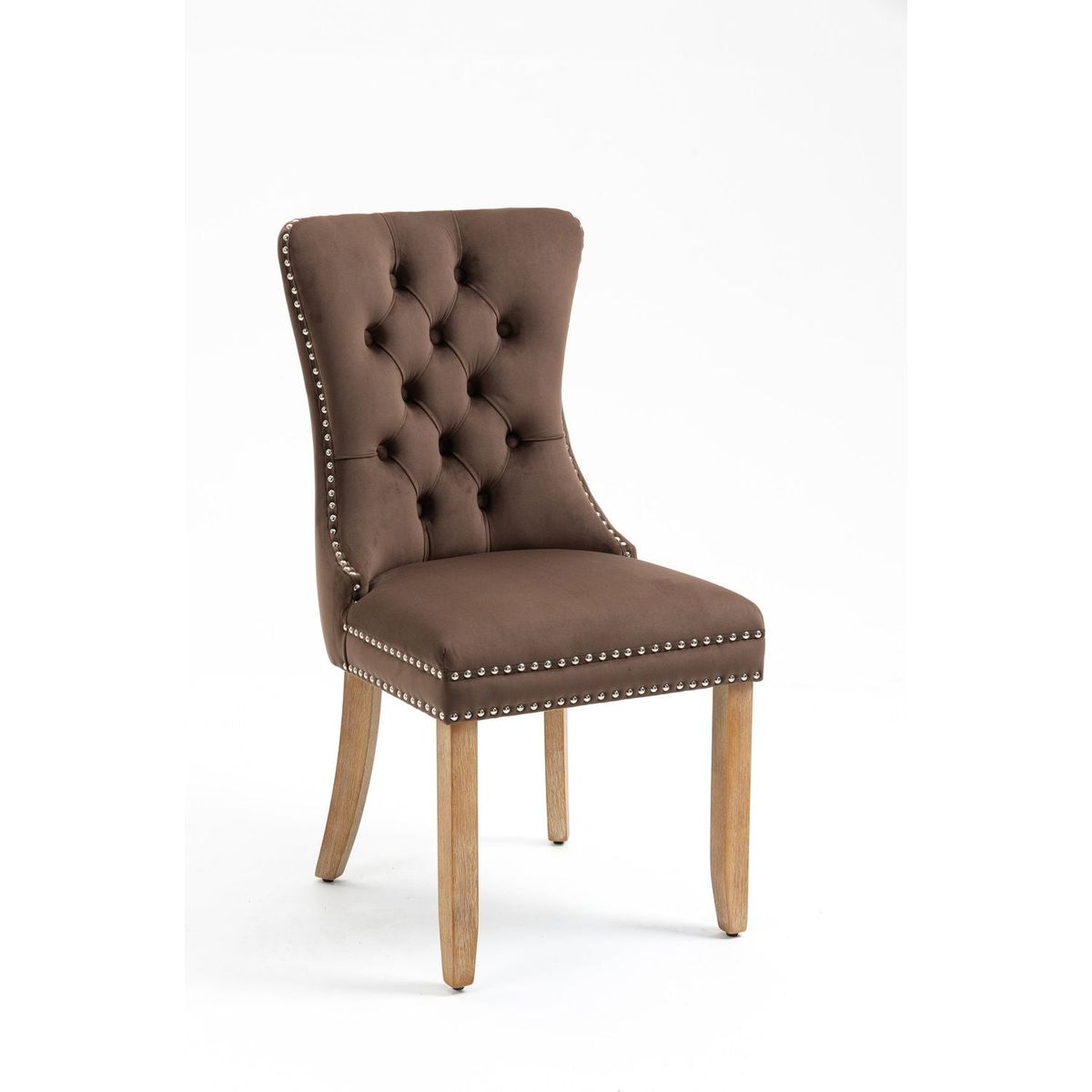 Upholstered Button Tufted Back Brown Velvet Dining Chair with Nailhead Trim and Brushed Solid Wood Legs 2 Sets