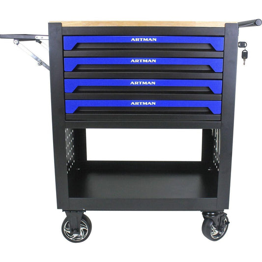 4 DRAWERS MULTIFUNCTIONAL TOOL CART WITH WHEELS AND WOODEN TOP-BLUE