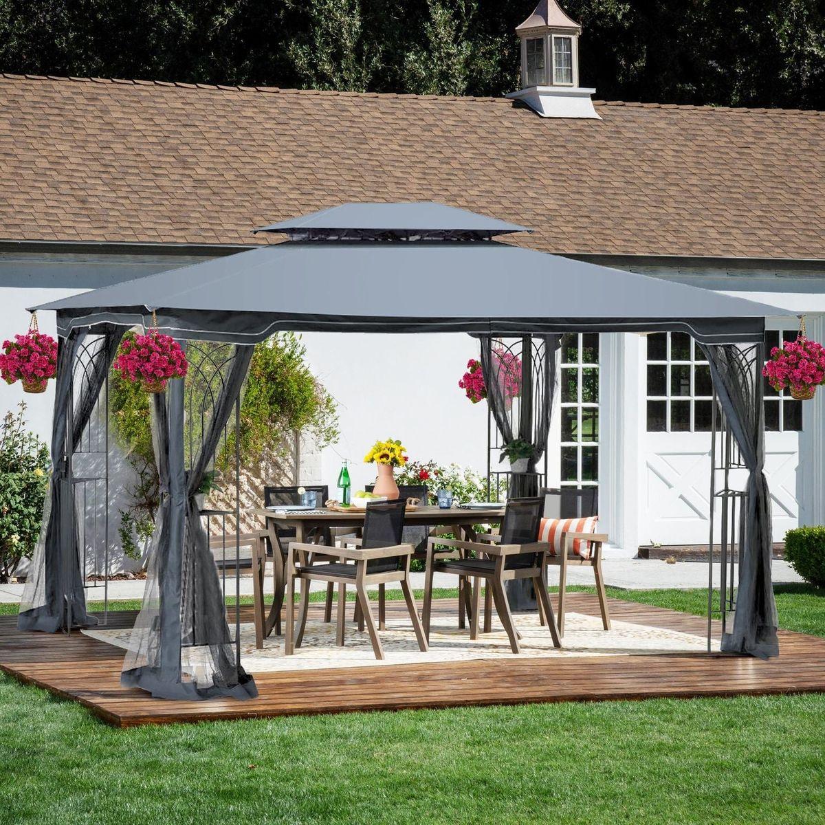 tent with mosquito net 13x10 Outdoor Patio Gazebo Canopy Tent With Ventilated Double Roof And Mosquito net (Detachable Mesh Screen On All Sides),Suitable for Lawn, Garden, Backyard and Deck, Gray Top – Streamdale Furniture