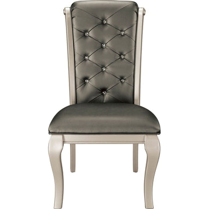 Crystal Button-Tufted Side Chairs 2pc Set Silver Finish Wood Frame Gray Faux Leather Upholstered Dining Furniture