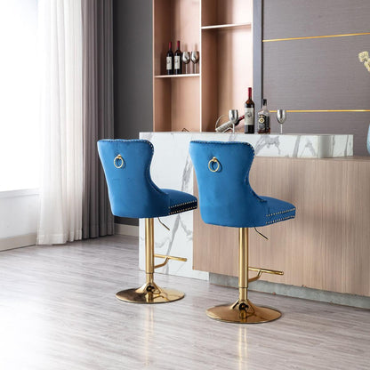 Swivel Bar Stools Chair Set of 2 Modern Adjustable Counter Height Bar Stools, Velvet Upholstered Stool with Tufted High Back & Ring Pull for Kitchen, Chrome Golden Base, Blue