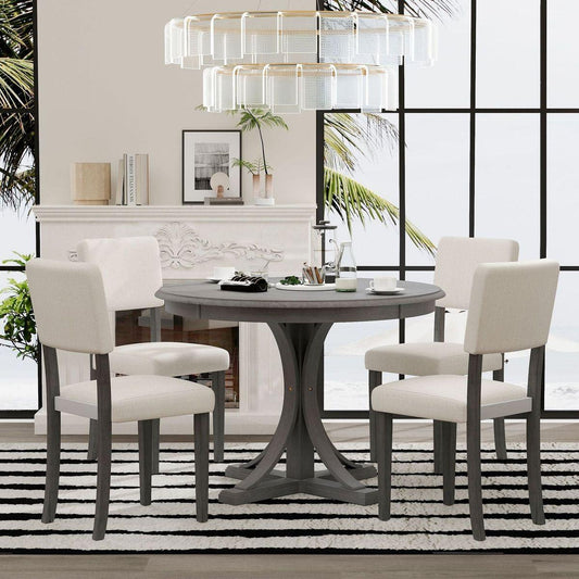 5-Piece Retro Round Dining Table Set with Curved Trestle Style Table Legs and 4 Upholstered Chairs for Dining Room (Dark Gray) - Streamdale Furniture