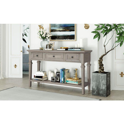 Classic Retro Style Console Table with Three Top Drawers and Open Style Bottom Shelf, Easy Assembly (Gray Wash)