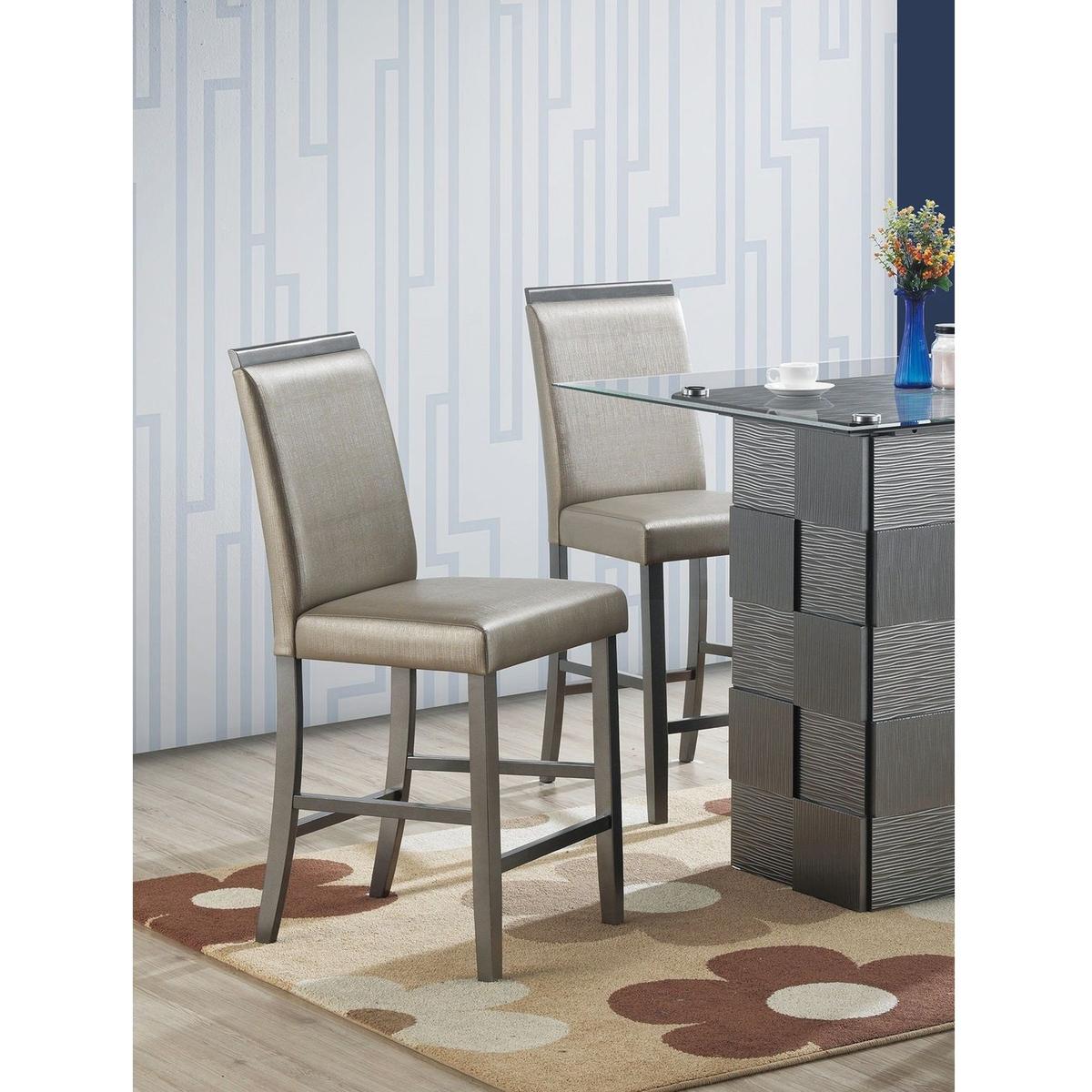 Classic Contemporary Grey Trim Silver Hue Set of 2 Counter Height Dining Chairs Cushion Faux Leather Chairs