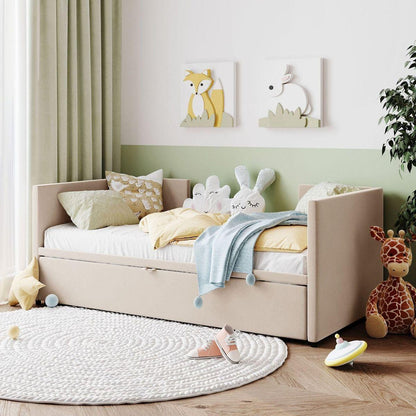 Twin Size Upholstered daybed with Extendable Trundle, Beige - Streamdale Furniture