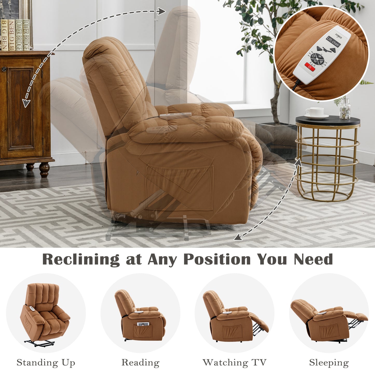 Massage Recliner Chair Electric Power Lift Recliner Chairs with Heat, Vibration, Side Pocket for Living Room, Bedroom, Light Brown