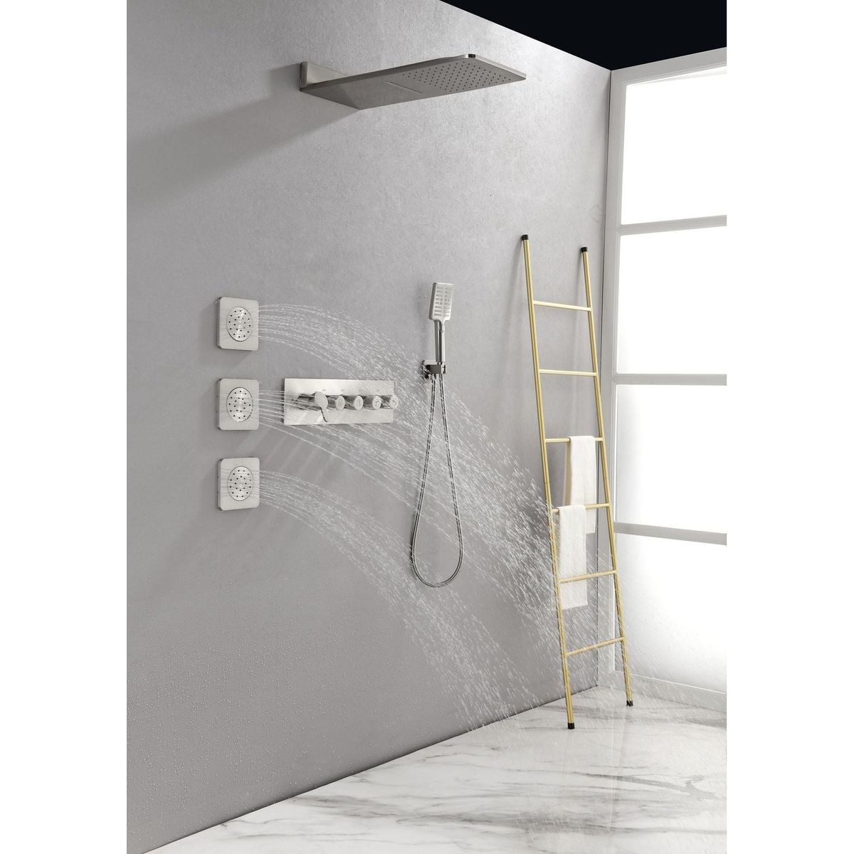 Wall Mounted Waterfall Rain Shower System With 3 Body Sprays & Handheld Shower