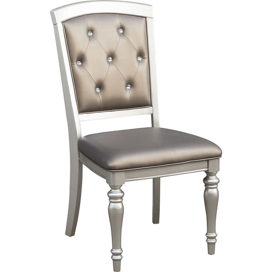 Glamorous 2pc Set Wooden Side Chairs Silver Finish Crystal Button Tufted Faux Leather Upholstered Dining Chairs