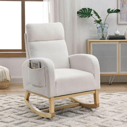 27.6"W Modern Accent High Backrest Living Room Lounge Arm Rocking Chair, Two Side Pocket, Teddy White (Ivory)