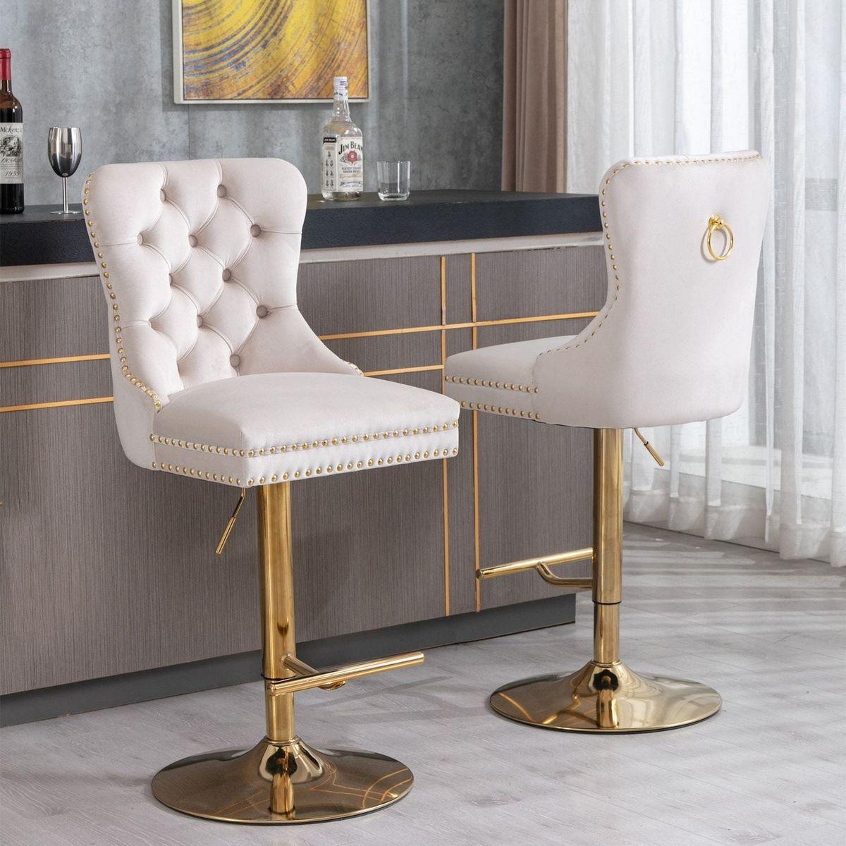 Furniture, Thick Golden Swivel Velvet Barstools Adjusatble Seat Height from 27-35 Inch, Modern Upholstered Bar Stools with Backs Comfortable Tufted for Home Pub and Kitchen Island (Beige, Set of 2) - Streamdale Furniture
