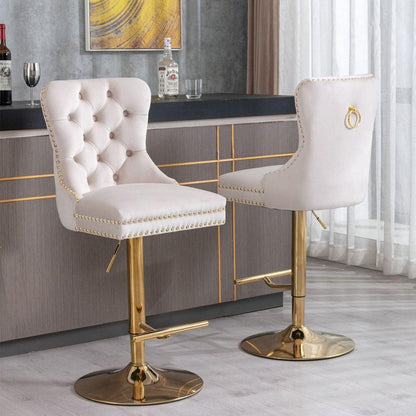 Furniture, Thick Golden Swivel Velvet Barstools Adjusatble Seat Height from 27-35 Inch, Modern Upholstered Bar Stools with Backs Comfortable Tufted for Home Pub and Kitchen Island (Beige, Set of 2) - Streamdale Furniture