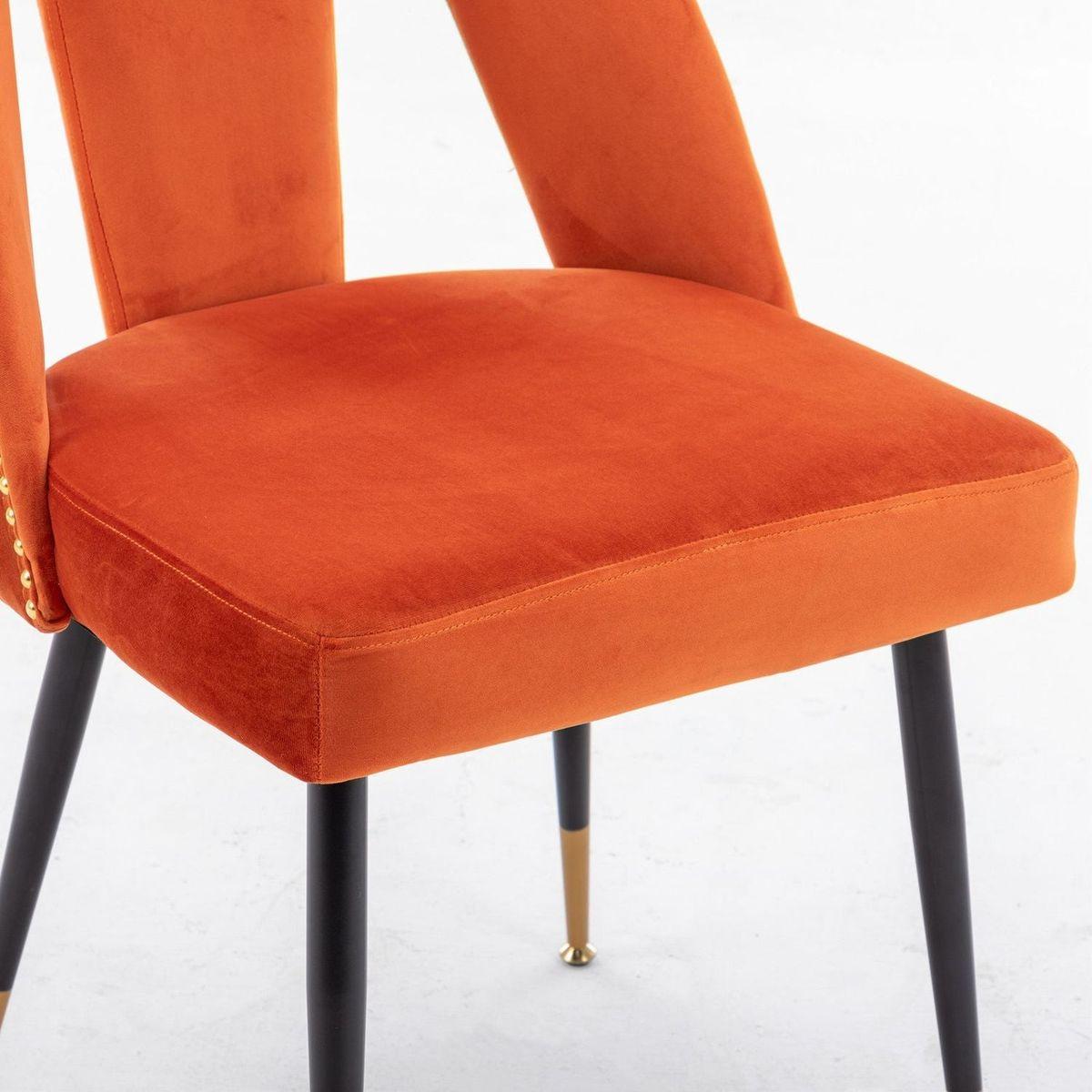 Akoya Collection Modern Contemporary Velvet Upholstered Dining Chair with Nailheads and Gold Tipped Black Metal Legs, Orangeet of 2