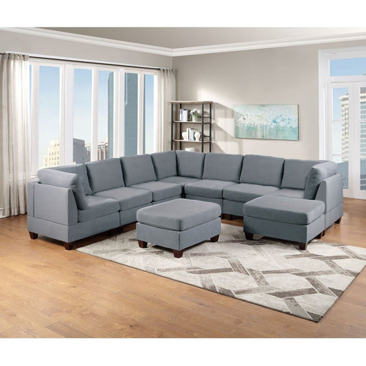 Modular Sectional 9pc Set Living Room Furniture Corner Sectional Couch Grey Linen Like Fabric 3x Corner Wedge 4x Armless Chairs and 2x Ottomans