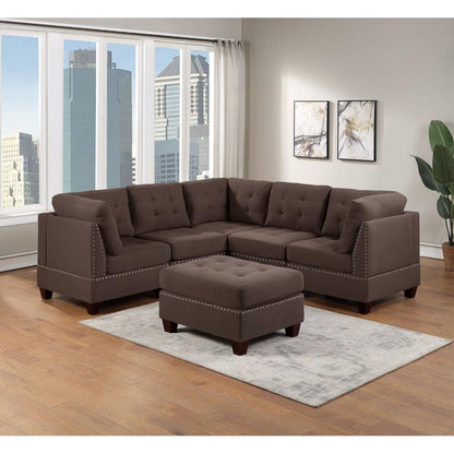 Modular Sectional 6pc Set Living Room Furniture Corner Sectional Tufted Nail heads Couch Black Coffee Linen Like Fabric 3x Corner Wedge 2x Armless Chairs and 1x Ottoman