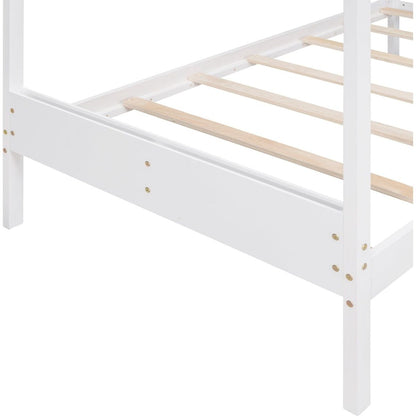 Twin Size Wood House Bed with Storage Space, White