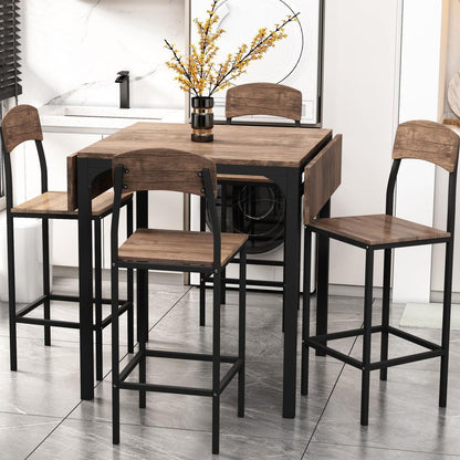 Farmhouse 5-piece Counter Height Drop Leaf Dining Table Set with Dining Chairs for 4, Black Frame+Brown Tabletop