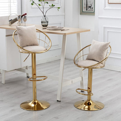 Off-White velvet bar chair, pure gold plated, unique design,360 degree rotation, adjustable height,Suitable for Dining room and bar,set of 2