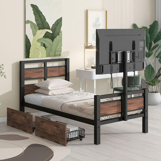 Twin Size Metal Platform Bed with MDF Headboard and Footboard,Two Storage Drawers and Rotatable TV Stand,Black