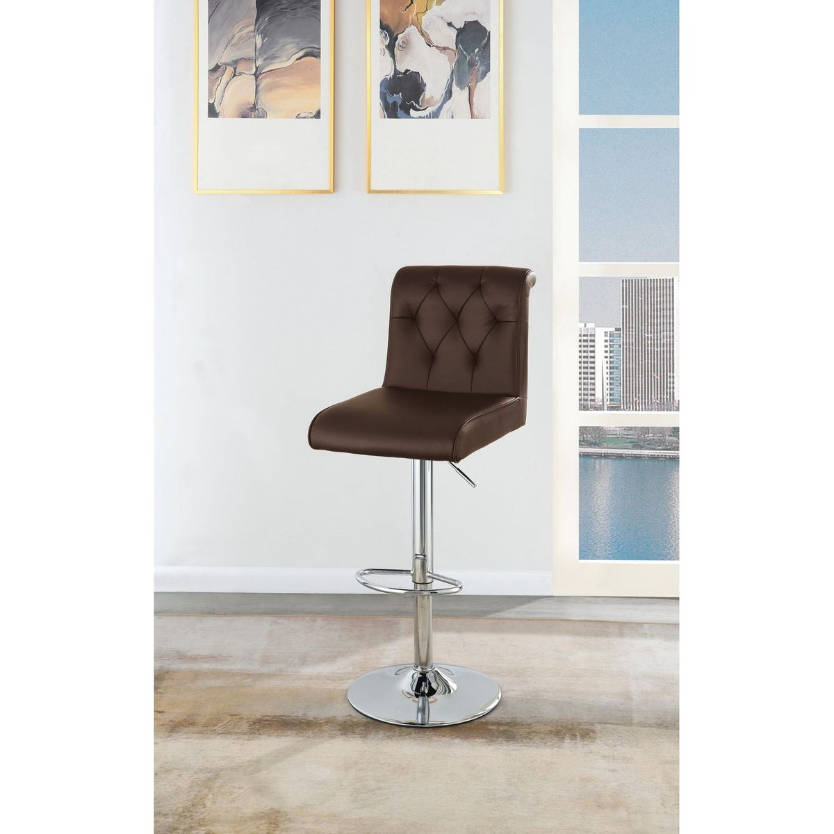 Adjustable Bar stool Gas lift Chair Espresso Faux Leather Tufted Chrome Base Modern Set of 2 Chairs Dining Kitchen