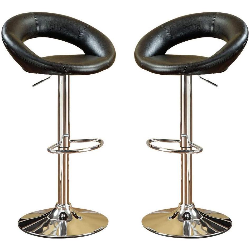 Black Faux Leather Stool Adjustable Height Chairs Set of 2 Chair Swivel Design Chrome Base PVC Dining Furniture