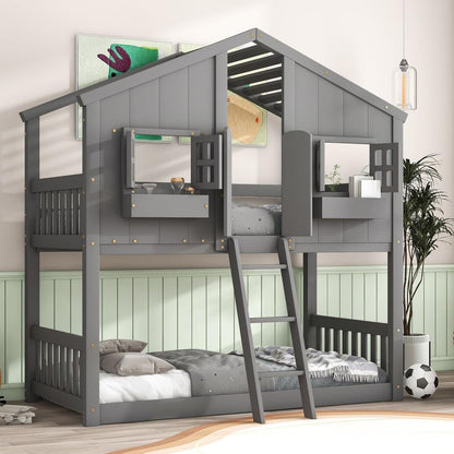 Twin over Twin House Bunk Bed with Roof, Window, Window Box, Door, with Safety Guardrails and Ladder, Grey