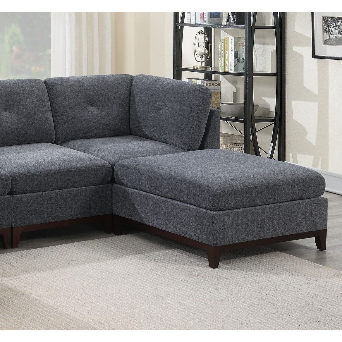 Ash Grey Chenille Fabric Modular Sectional 6pc Set Living Room Furniture U-Sectional Couch 2x Corner Wedge 2x Armless Chairs and 2x Ottomans Tufted Back Exposed Wooden Base