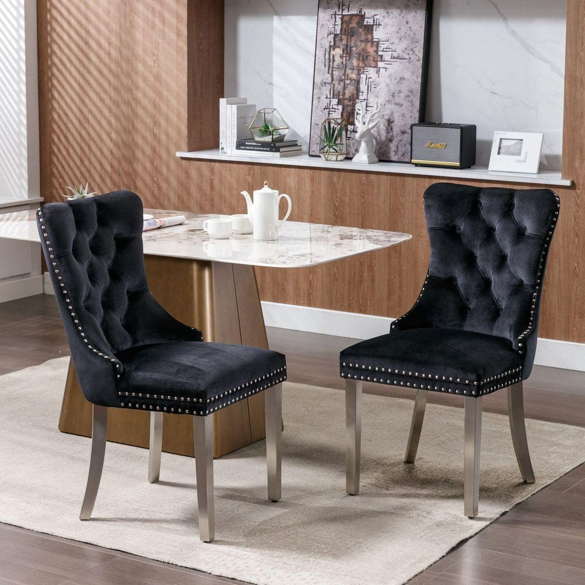 Nikki Collection Modern, High-end Tufted Solid Wood Contemporary Velvet Upholstered Dining Chair with Chrome Stainless Steel Plating Legs, Nailhead Trim, Set of 2, Black and Chrome