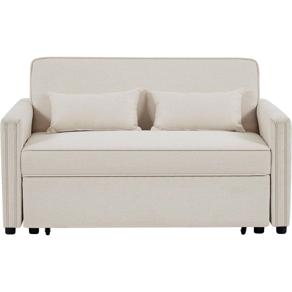 Modern Linen Convertible Loveseat Sleeper Sofa Couch with Adjustable Backrest, 2 Seater Sofa With Pull-Out Bed with 2 Lumbar Pillows For Small Living Room & Apartment