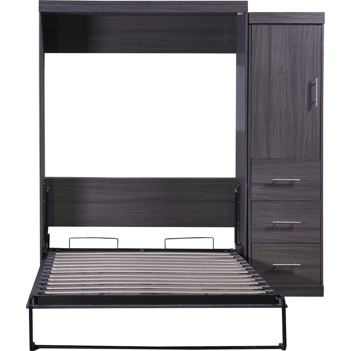 Full Size Murphy Bed with Wardrobe and Drawers, Storage Bed, can be Folded into a Cabinet, Gray
