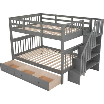 Stairway Full-Over-Full Bunk Bed with Drawer, Storage and Guard Rail for Bedroom, Gray color