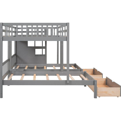 Full Over Twin & Twin Bunk Bed, Wood Triple Bunk Bed with Drawers and Guardrails (Gray)