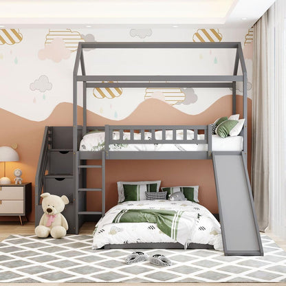 Twin Over Twin Bunk Bed with Two Drawers and Slide, House Bed with Slide, White