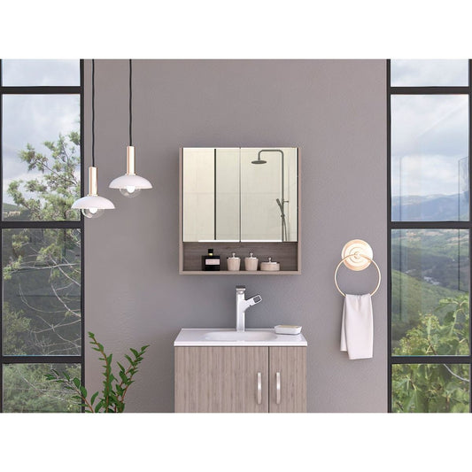 Jaspe Mirror Cabinet, Three Internal Shelves, One Open Shelf, Double Door Cabinet -Light Gray