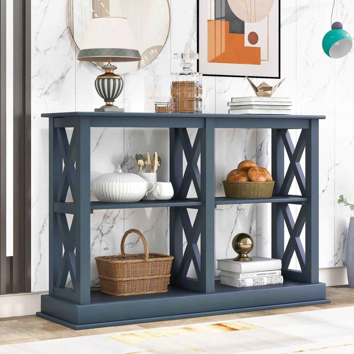 Console Table with 3-Tier Open Storage Spaces and " X"