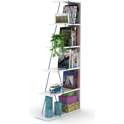 Furnish Home Store Modern 5 Tier Ladder Bookshelf Organizers, Narrow Bookshelf for Small Spaces Office Furniture Bookcase, White/Blue