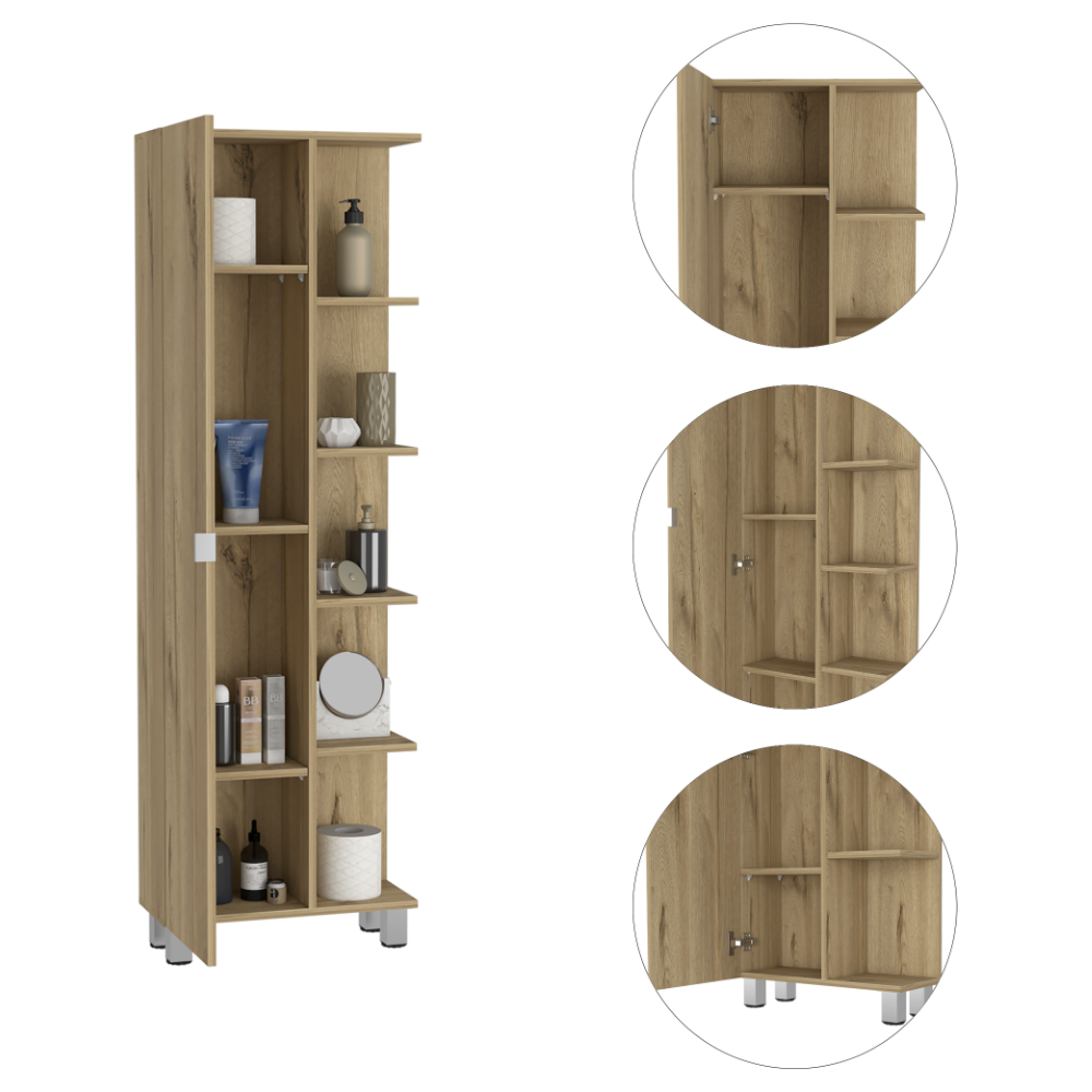 Urano Mirror Linen Cabinet, Four Interior Shelves, Five External Shelves -Light Oak