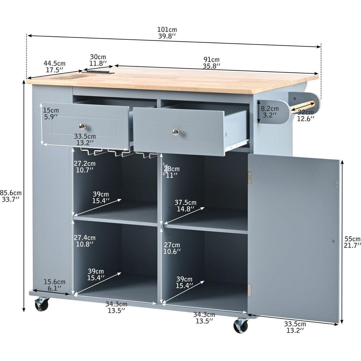 Kitchen Island with Power Outlet,Kitchen Storage Island with Drop Leaf and Rubber Wood,Open Storage and Wine Rack,5 Wheels,with Adjustable Storage for Home, Kitchen, and Dining Room, Grey Blue