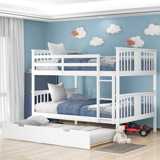 Full over Full Bunk Bed with Twin Size Trundle and Ladder-White