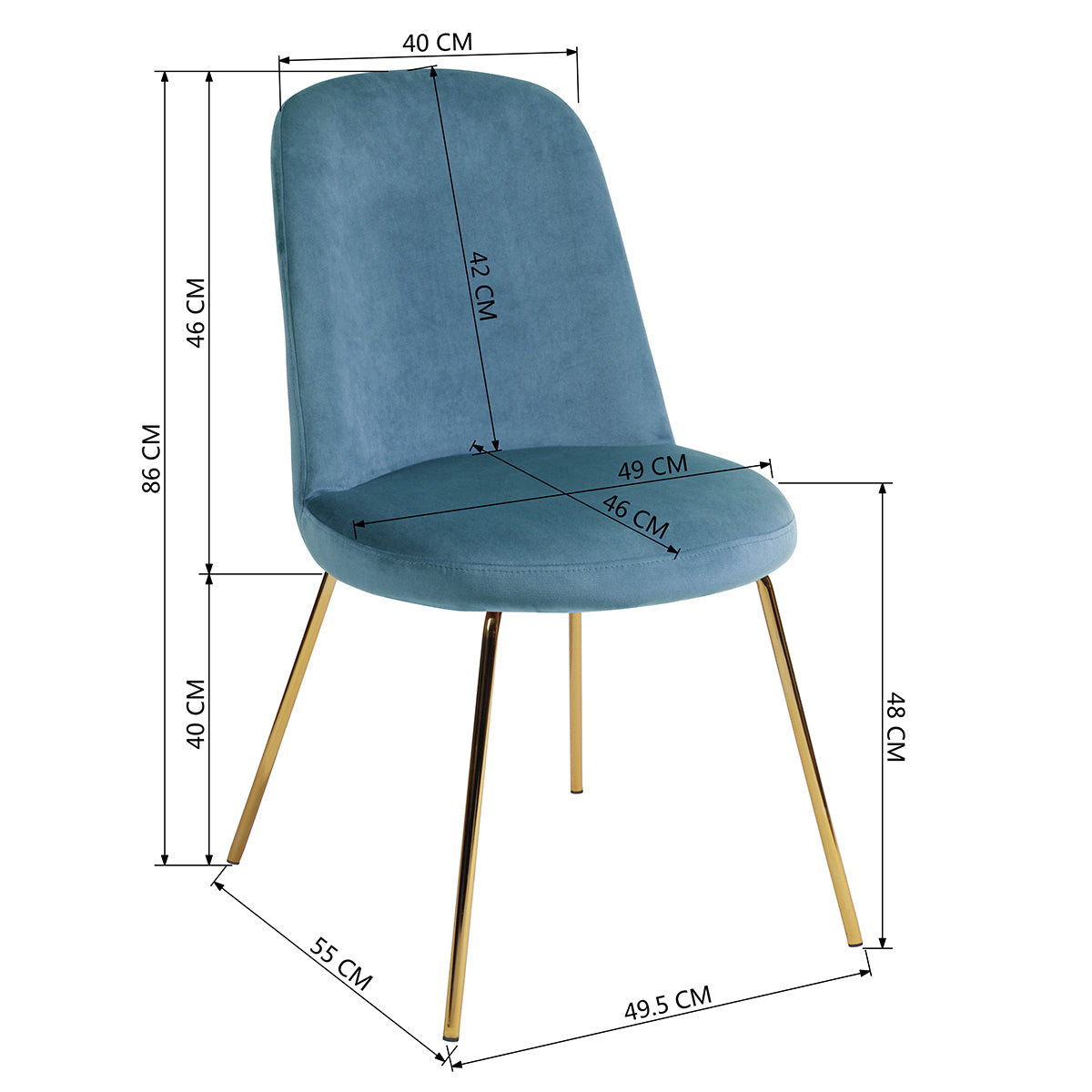 Modern Upholstered Dining Chair Set of 2 with Gold Legs - Blue