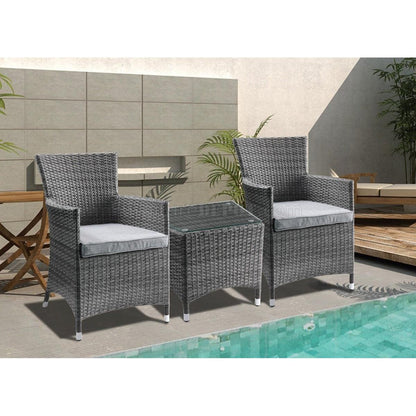 Tashelle Patio Bistro Set (3Pc) in Gray Fabric & Gray Wicker