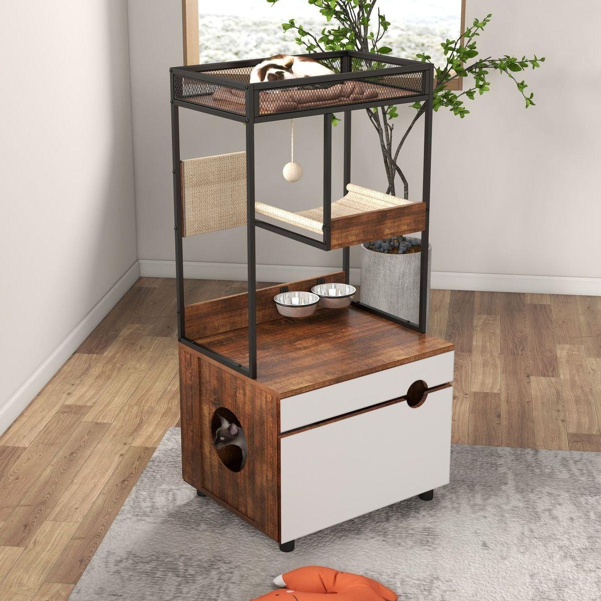 Hidden Cat Litter Box Enclosures with Cat Tree Tower, Cat Furniture with Scratching Pads and Large Storage Space, Industrial Cat Cabinet with Shelves and Doors, Rustic Brown