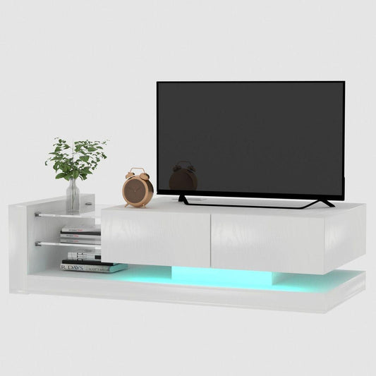 TV Console with Storage Cabinets, 16 Color 4 Modes Changing Lights Remote RGB LED TV Stand, Modern High Gloss Entertainment Center (White, for 75 inches TV)