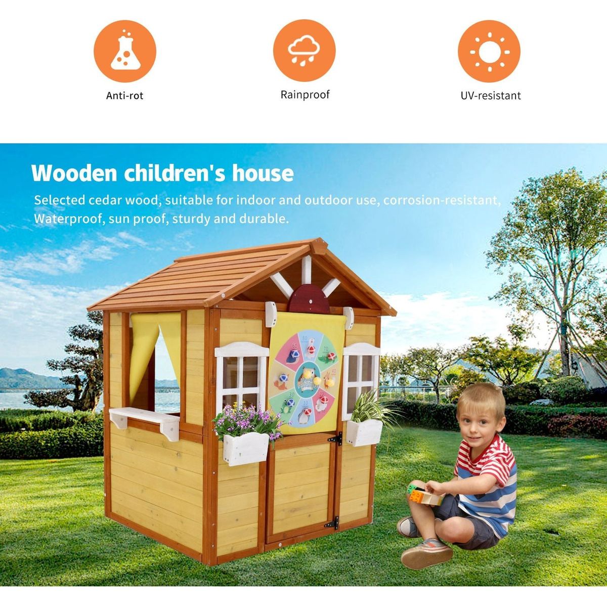 Outdoor Playhouse for Kids Wooden Cottage with Working Doors Windows Pretend Play House for Age 3-8 Years