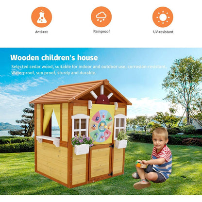 Outdoor Playhouse for Kids Wooden Cottage with Working Doors Windows Pretend Play House for Age 3-8 Years