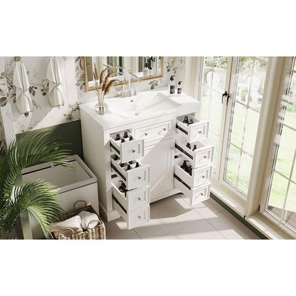 36" Bathroom Vanity with Sink Combo, One Cabinet and Six Drawers, Solid Wood and MDF Board, White