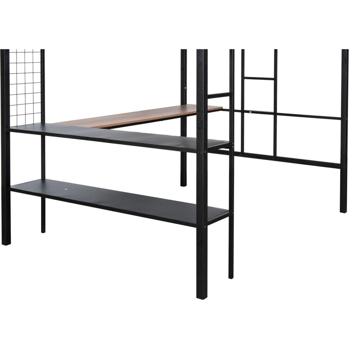 Metal Full Size Loft Bed with Desk & Shelves/ Sturdy Metal Bed Frame/ Noise-free Wood Slats/ Comfortable Textilene Guardrail/ Built-in Desk, 2-tier Shelves & Grid Panel/ 2 Side Ladders