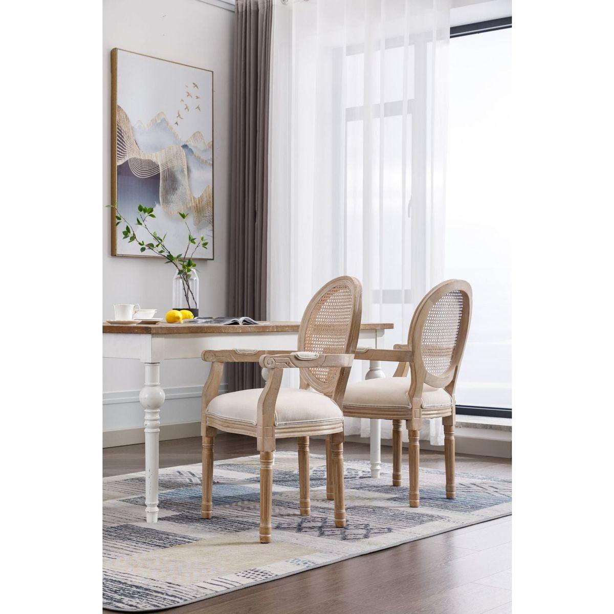 French Vintage Upholstered Fabric Dining Armchair,Beige