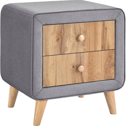 Upholstered Wooden Nightstand with 2 Drawers, Fully Assembled Except Legs and Handles, Bedside Table with Rubber Wood Leg-Gray