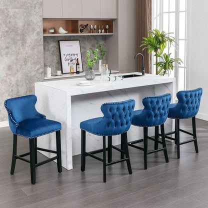 Contemporary Velvet Upholstered Wing-Back Barstools with Button Tufted Decoration and Wooden Legs, and Chrome Nailhead Trim, Leisure Style Bar Chairs,Bar stools,Set of 2 (Blue)